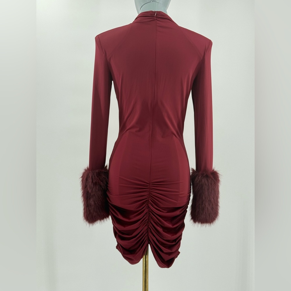 🆕 BRONX & BANCO 🧿 NWOT Eleanor Burgundy Fur Trimmed Mini Dress, Sz L US 8 - Picture 9 of 17